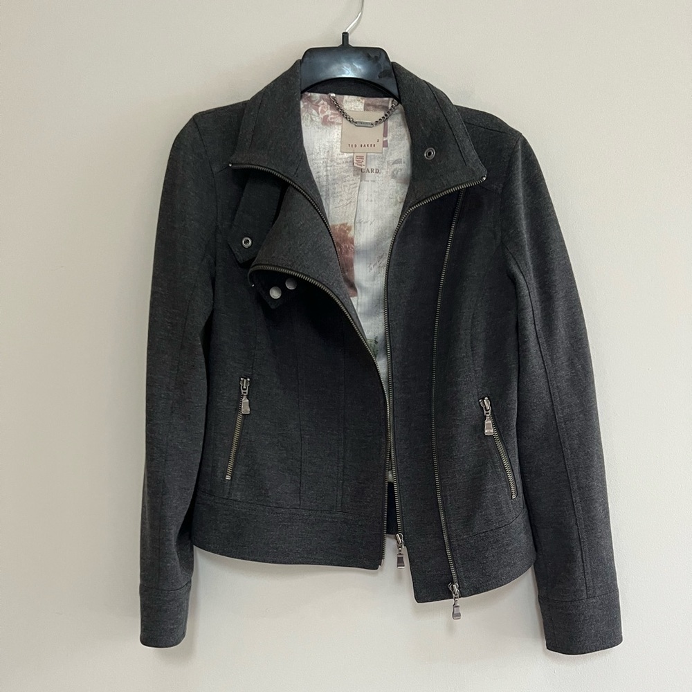 Ted Baker Double Zipper Moto Jacket in Dark Charcoal Grey, size 2 - Picture 3 of 12